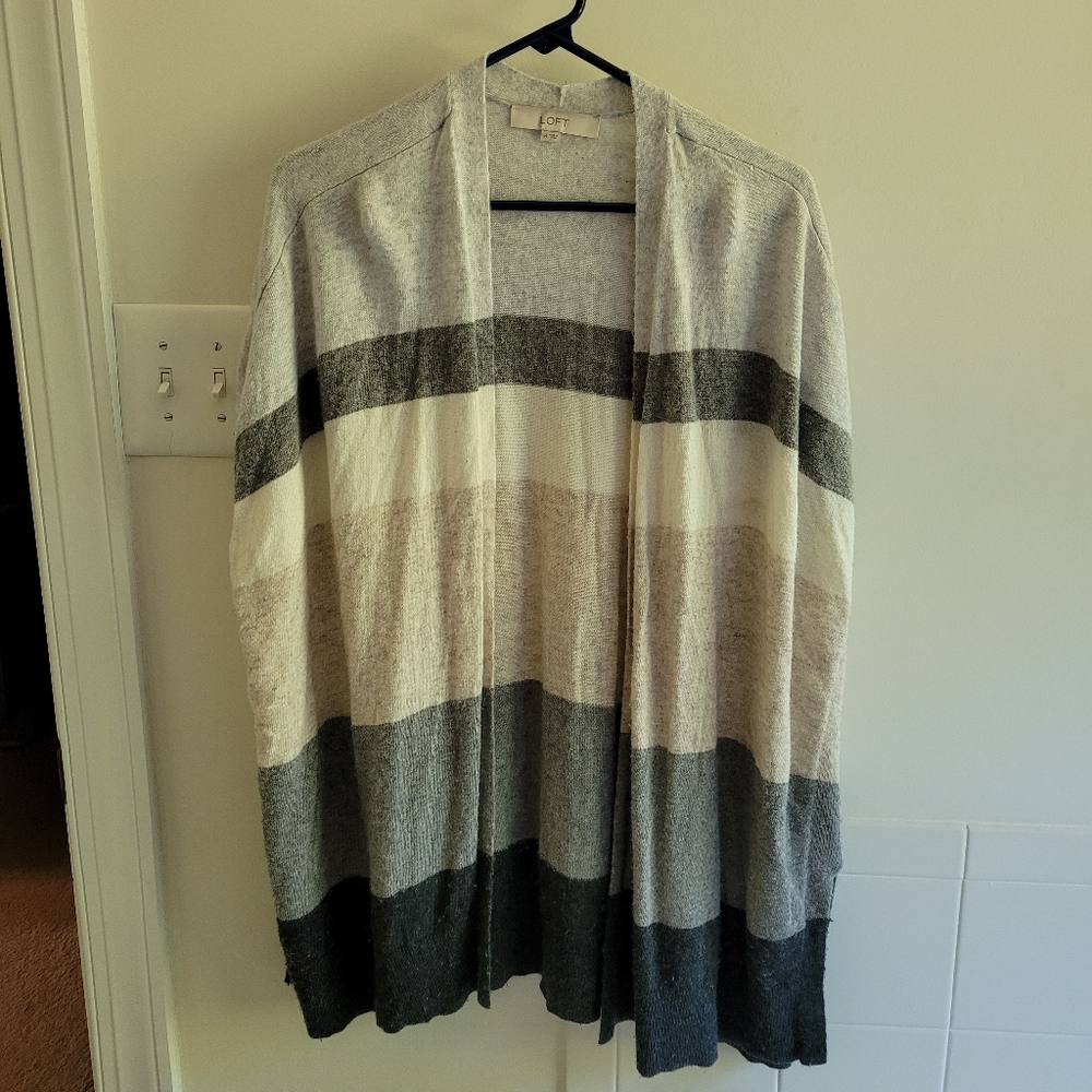 LOFT Striped Open Cardigan in Gray, Cream, Tan